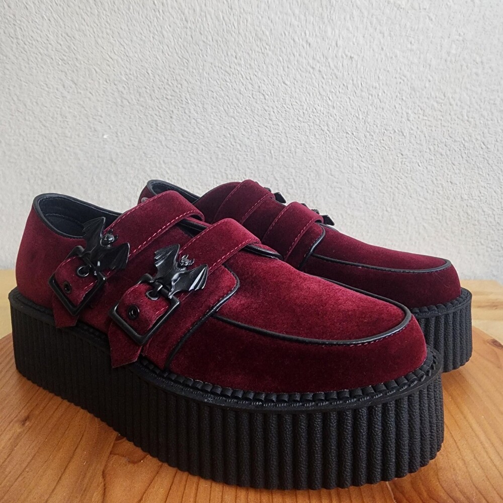 Killstar Shoes Womens Size 8 Red Faux Suede Platform Mary Jane Bat Creepers - Picture 9 of 14